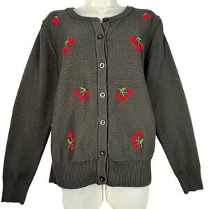 Belle Poque Cherry Embroidered Cardigan Womens Large Black Retro Cottagecore